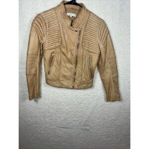 Tan Leather Quilted Biker Jacket With Zipper Pockets & Stand Collar